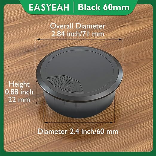 EASYEAH 2 Pcs Desk Grommet 2-3/8" / 60 mm, Desk Cord Hole Cover, Cable Grommet ABS Plastic, Desk Hole Grommet for Home & Office Pc, Detachable Adjustable Cable Cord Organizer-Black