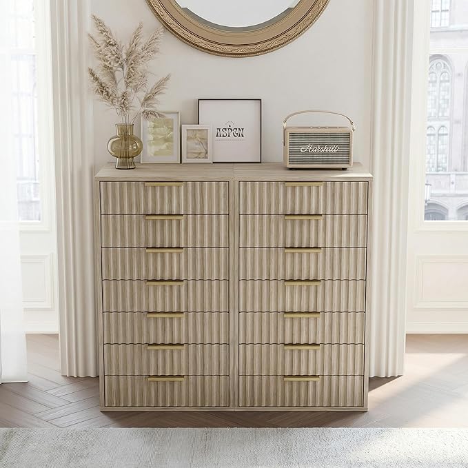 7 Drawer File Cabinet, Wooden Office Cabinet with Drawers, Fluted Storage Filing Drawer for Home Office, Light Walnut