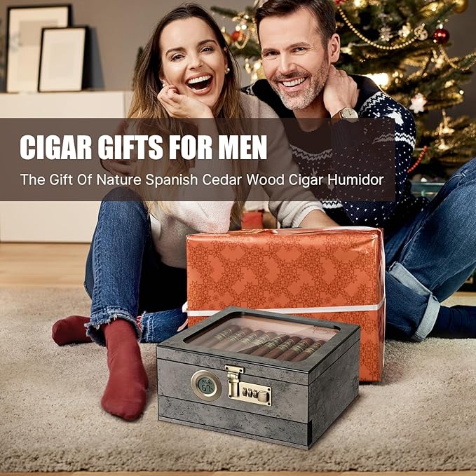 Tesonway Cigar Humidor,Cedar Wood Humidor Cigar Box,Glass Top Desktop Humidor with Digital Thermo-Hygrometer, Humidifier, Divider, Accessories Drawer and Combination Lock,Cigar Gift for Men