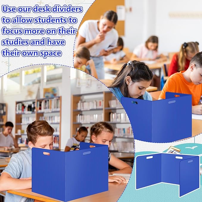 24 Pcs Desk Dividers for Students Classroom Plastic Privacy Folders Blue Test Dividers for Students Desks Trifold Privacy Panel Partitions for School Teacher Supplies(24pcs Blue)
