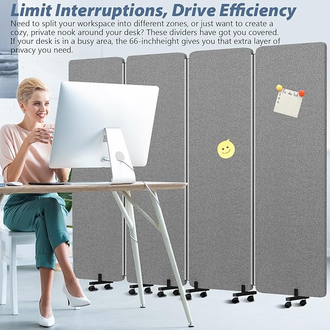 Room Divider Soundproof Privacy Panel with Wheels, 4 Panel Wall Divider (Aluminum Frame) for Room Partition, Folding Room Dividers Space Separation Office Cubicle Wall Divider Sound Proof Separator