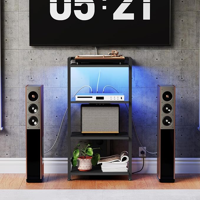 HOOBRO 4-Tier AV Media Stand with Charging Station and LED Light, Wooden Stereo Stand, Rack Audio Tower, Corner TV Stand, Entertainment Device, Black BB38UDCJ01