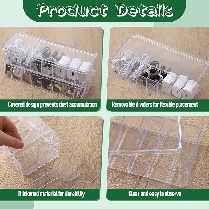 3 Pack Cable Organizer Storage Box with 30 Wire Ties and Sticker, Clear Cord Storage Organizers with Lid, Phone Charger Organizer Case Wire Organizers, Desktop Cable Management Box for Home Office