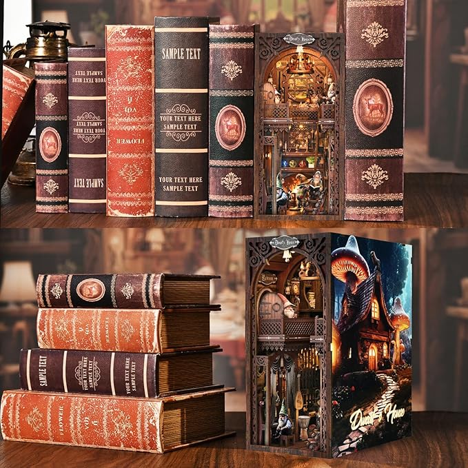 TOYQI Book Nook Kit, Book Nook Kits for Adults, DIY Miniature Dollhouse Kit 3D Wooden Puzzle Booknook Bookend with LED Light