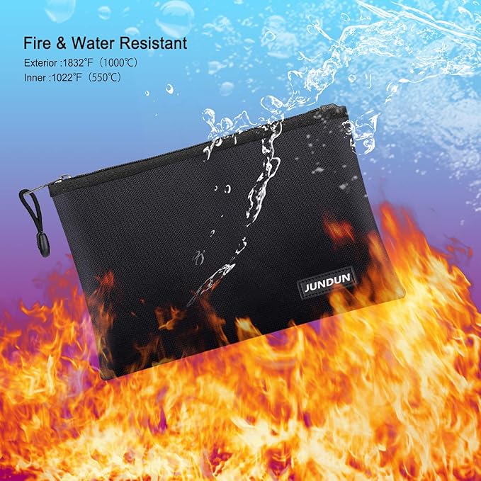 JUNDUN Fireproof Document Bags,14.2”x 10.0”Waterproof and Fireproof Money Bag with Aluminum Foil Lining,Fireproof Safe Storage Pouch with Zipper for Document and Cash,Black