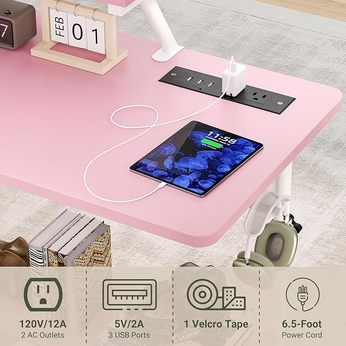 Height Adjustable Standing Desk with Power Outlets and LED Lights - 32" Manual Stand Up Desk with Monitor Stand and Storage Shelves Small Mobile Rolling Computer Desk Portable Laptop Table, Pink
