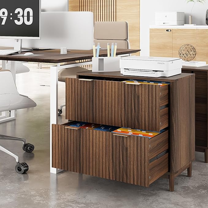 VINGLI 2 Drawer File Cabinet, Home Office Filing Organizer, for Letter Legal A4 Size File Folder Storage, Modern Style Fluted Design, Wood Lateral Filing Cabinet, Printer Stand, Dark Walnut
