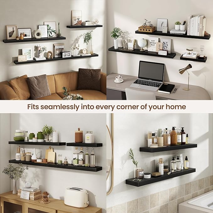 Acovy 36 Inch Floating Shelves for Wall 2 Pack, 36" Wall Shelves for Books, Storage, Decor, Wall Mounted Floating Shelf with Invisible Brackets for Kitchen, Living Room, Black