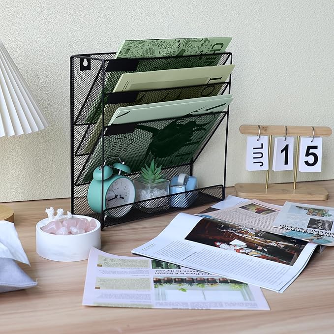3 Pockets Mesh Wall File Holder Organizer with Bottom Flat Tray, Office Hanging File Folder Magazine Rack, Nametag Label Hooks Set Included, Black