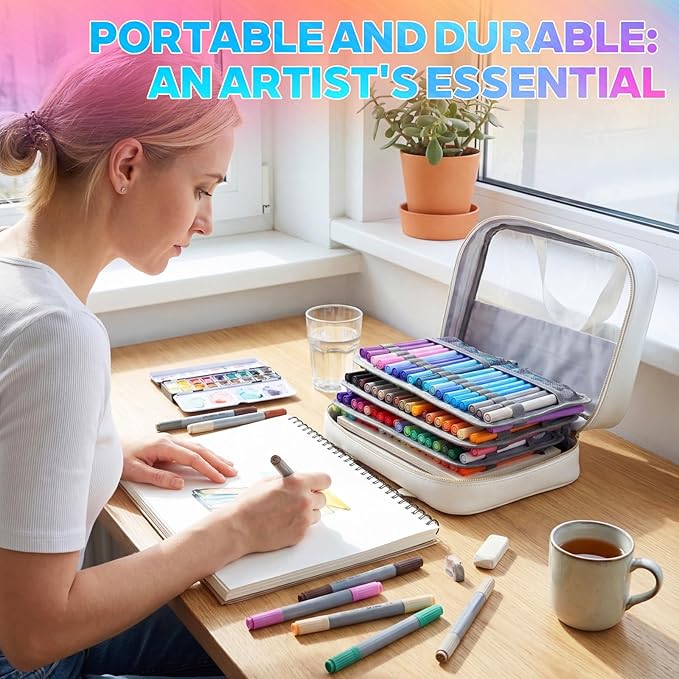 Hillban 108 Slots Large Colored Pencil Case with Chenille Letter Patch Extra Large Capacity Interlayer Pencil Holder Organizer with Handle Zipper Portable Storage Bag Graduation Gift for Artist(White)