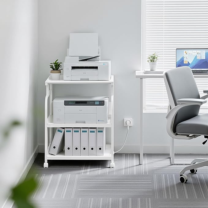 VECELO Adjustable Large Printer Stand with Power Outlet, 3-Tier Heavy Duty Cart on Lockable Wheels, Office Storage Table for Home Office, 3D Printer, Fax Machine, Scanner, Classic White