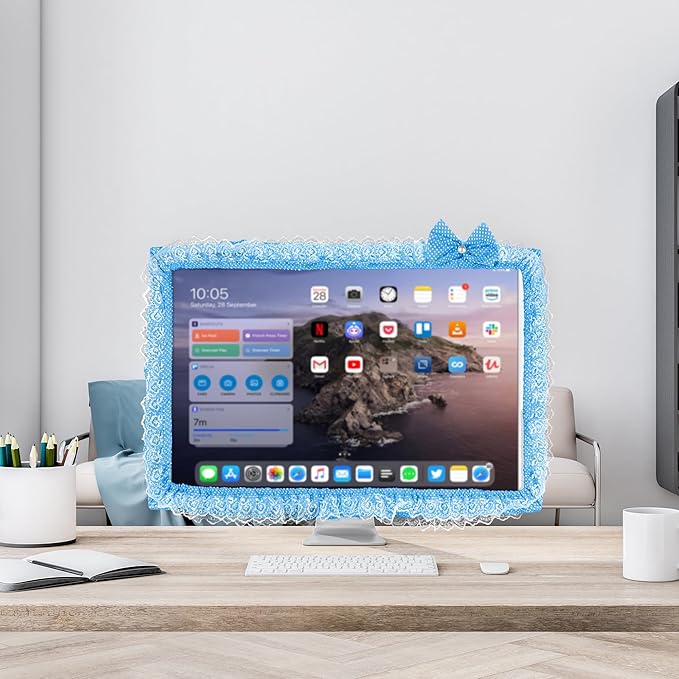 2 Pack Cute Computer Monitor Cover, 23''-26'' Elastic Monitor Dust Cover with Bow Knot, Lovely Monitor Accessories Screen Monitor Decoration for Tablet (Blue)