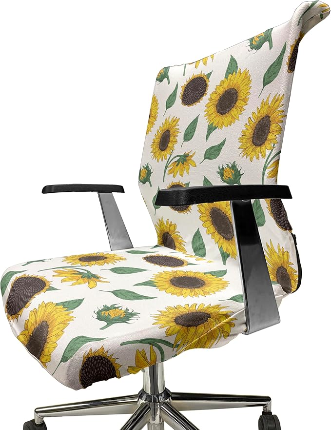 Ambesonne Sunflower Office Chair Cover, Agricultural Pattern Botanical Inspiration Hand-Drawn Flowers, Stretchable Decorative Universal Size High Back Printed Slipcover, Green Brown