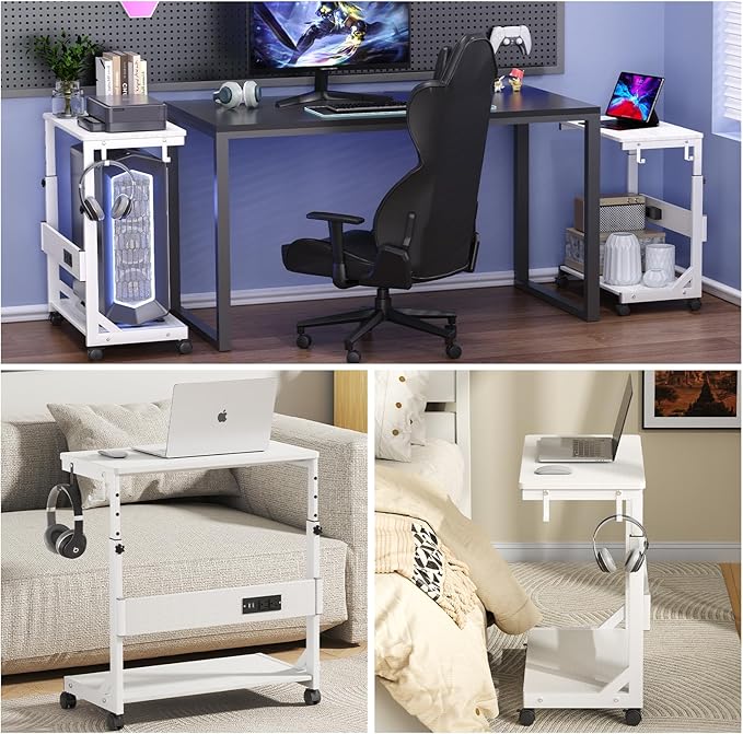Height Adjustable Computer Tower Stand with Charge Station and USB Charging Port, 2-Tier ATX-Case Cart, Under Desk Mobile PC Stand, CPU Holder Cart with Locking Caster Wheels for Fits Most PC