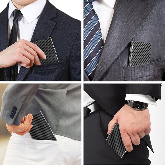MaxGear Metal Business Card Holder for Men & Women, Stainless Steel Business Card Case Holds 10–20 Cards, Slim Pocket Name Cards Holder with Interior Lining & Buckle Closure, Black Carbon Texture