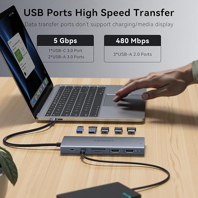 USB C Laptop Docking Station Dual Monitor, 15 in 1 Docking Station 3 Monitors with DP 8K, 2 HDMI 4K, 6 USB A/C Ports, 100W PD, Ethernet, Audio, SD/MicroSD, ABIWAZY USB C Hub for Dell/HP/Lenovo