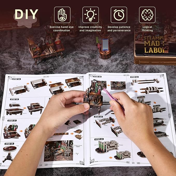 fifijoy Book Nook Kit, DIY Miniature Dollhouse Booknook Kit, 3D Wooden Puzzle Bookend Bookshelf Insert Decor with LED Light for Teens and Adults (Steampunk Mad Scientist Laboratory)