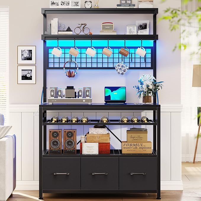 Itaar Bakers Rack with Storage and Power Outlet, 35.4 inch Coffee Bar Cabinet, Microwave Stand Kitchen Cabinet with Hutch, LED Lights, Wine Rack and Hooks (Black)