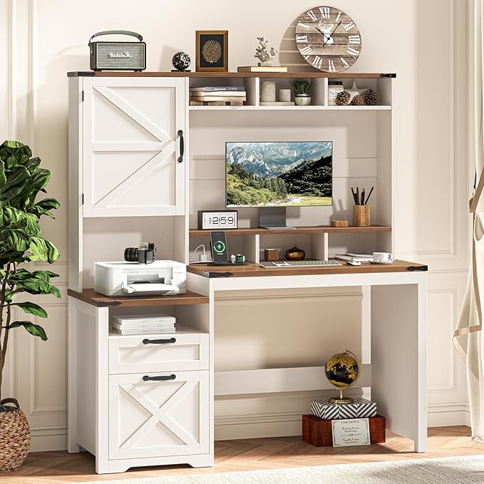 Vabches 51" Executive Desk Farmhouse Home Office Desk with Charging Station, File Drawer, Storage Cabinet, Monitor Stand, Wood Computer Desk with Hutch for Work Study Writing (Rustic White)