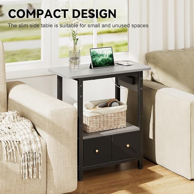 HLDIRECT Nightstand with Charging Station, Bedside Table with 2 Fabric Drawers and Large Storage Shelf for Small Space, End Table with Outlet and USB Ports for Living Room, Bedroom (Gray)