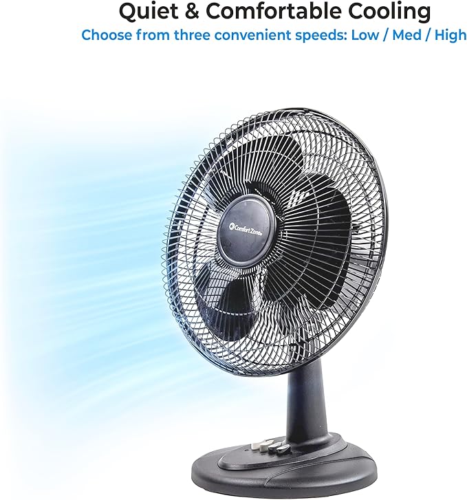 Comfort Zone 16-Inch Oscillating Table Fan – Large 3-Speed Quiet Desk Fan with Wide-Area Oscillation, Adjustable Tilt & Metal Safety Grill – Ideal for Home Office, Bedroom & Dorm