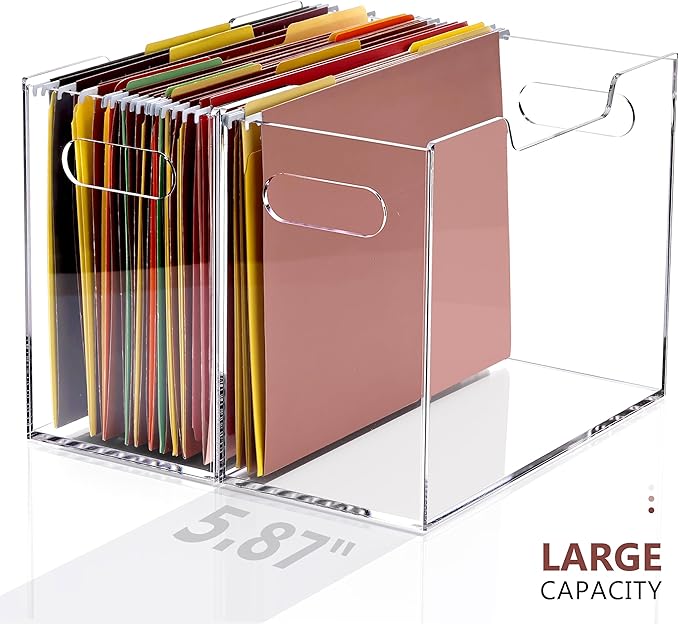 DINGHUO Hanging File Organizer, Acrylic File Holder with Handles, No Assembly Required, Clear File Crate Storage Box for Desk Office, Fits Standard Letter Size 8.5"x11" Folders