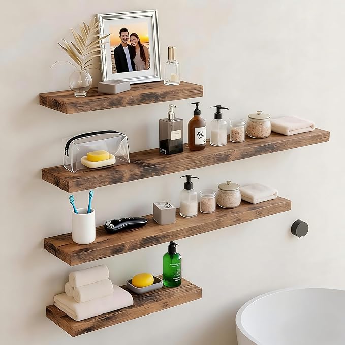 Vervida® Floating Shelves for Wall 35.4" Extra Long - Wall Shelf Bathroom Kitchen Living Room Bedroom Farmhouse Home Decor Display Bookshelf Large 35.4 x 9.3 inch Set of 3, Rustic Brown