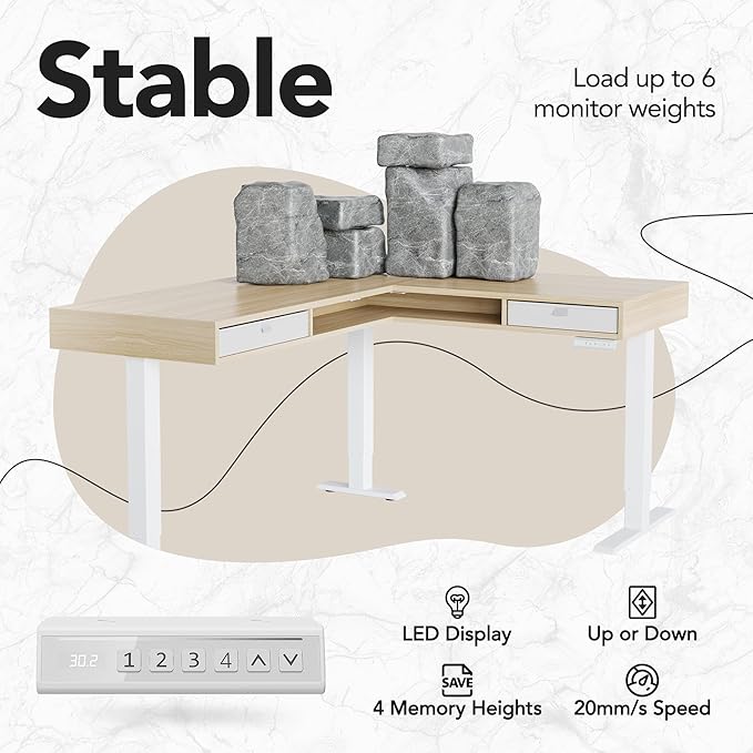HUANUO Electric L Shaped Standing Desk with 2 Storage Drawers & File Cabinet, 63'' x 53'' Height Adjustable Corner Standing Desk, Computer Desk with Cable Management Tray, Light Walnut