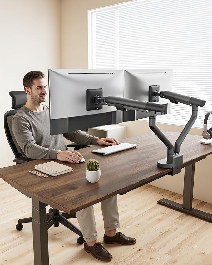 monTEK Dual Monitor Stand Mount with USB for Up to 35" Screens, Each Arm Holds Max 24.3lbs, Full Motion Adjustable Monitor Arm Desk Mount with C-Clamp/Grommet, VESA 75/100mm,Gray
