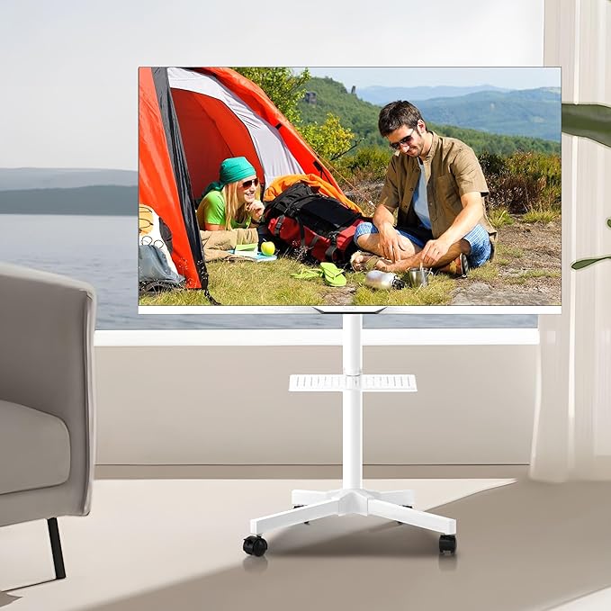 Mobile TV Carts on Wheels for 21-60 Inch Flat/Curved Panel Screens TVs - Height Adjustable Floor Trolley Stand with Shelf Holds up to 77lbs - Max VESA 400x400mm, White