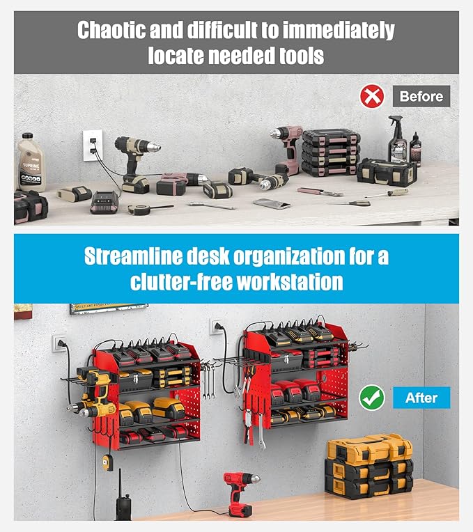 CCCEI Modular Desk Power Tools Organizer with Charging Station, 4 Layer Drills Battery Storage Wall Mount, Garage Shop Organization, Anniversary, Birthday, Gifts for Men, Father, Red, 6FT Cord.