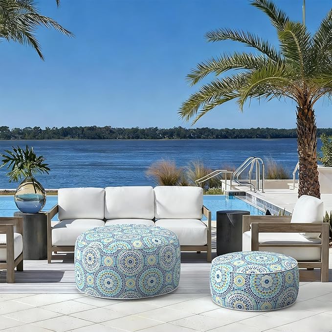 LVTXIII Indoor/Outdoor Extra Large Inflatable Ottoman Pouf D31 x H14 Inch, Round Footstool with Handle, Weather-Resistant Portable Furniture for Patio, Camping, Beach, Delancey Lagoon