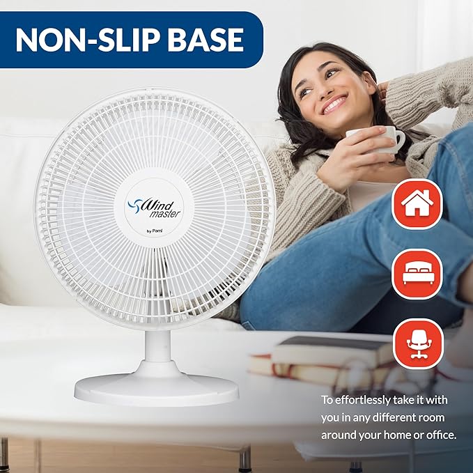 PAMI Oscillating Desk Fan - Portable Table Top Fan With 3 Speed Levels, Large Blades & Adjustable Tilt- Max Air Flow Office Desk Fan- Electric Cooling Fan For Bedroom Home Dorm Office (White, 16'')