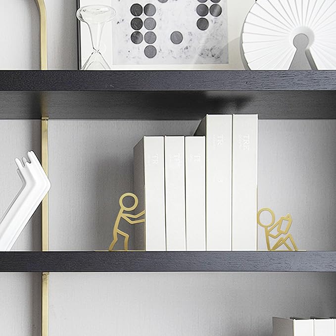 Metal Unique Office Desk Bookends Decorative Cute Book Ends Reading Decor Bookshelf Decor for Office School Library Bedroom, Book Lovers Gift(Gold)