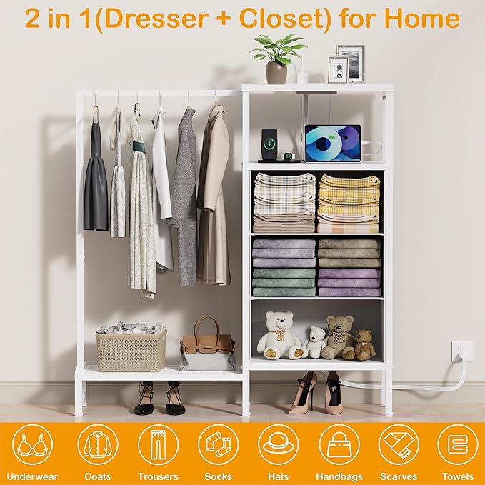 Dresser for Bedroom with Hanging Rack, 3 Drawers Closet with Charging Station, Fabric Chest of Drawers with Clothes Rack, Storage Organzier for Hallway Entryway, White