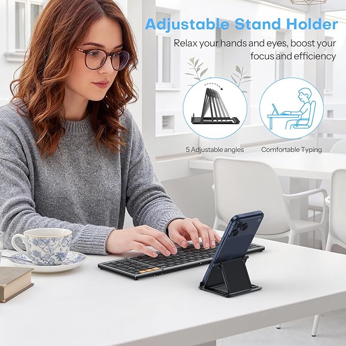 Foldable Keyboard and Mouse 2.4G Wireless + Dual Bluetooth, Portable Keyboard Mouse for Business Travel, OMOTON Rechargeable Ergonomic Design for iPad Android Tablet MacOS Windows Laptop, Space Grey