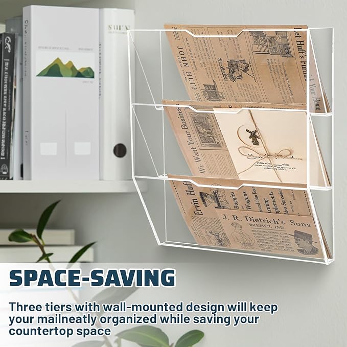 Chunful 3 Tier Mail Sorter Wall Letter Holder Clear Acrylic Wall Mounted Mail Organizer Hanging File Envelope Pocket Plastic Mount Document Holder for Home Office Entryway