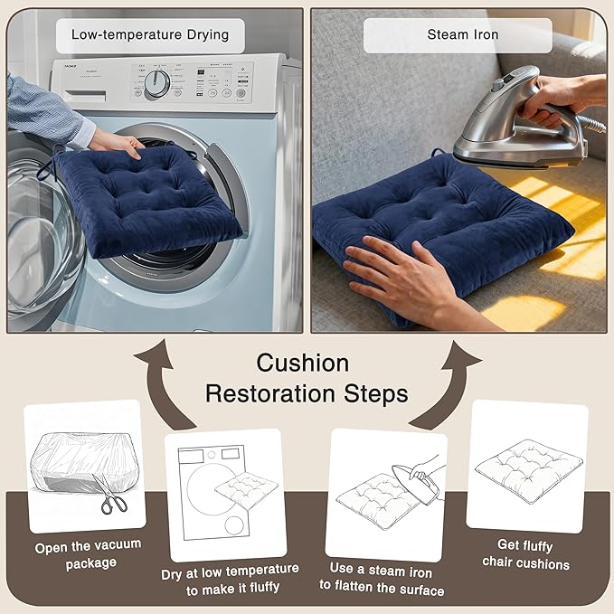 OVOV 2 Pack Chair Cushions for Dining Chairs Soft Seat Cushions for Kitchen Desk Chairs Square Chair Pads with Ties (15.5"x15.5" Navy)