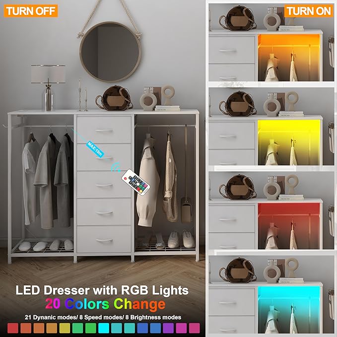 Espelism Dresser for Bedroom with Clothes Rack 5 Drawer Dresser with Charging Station LED Lights White Chest of Drawers Flexible Shelf and Open Storage Space for Bedroom Living Room (White)