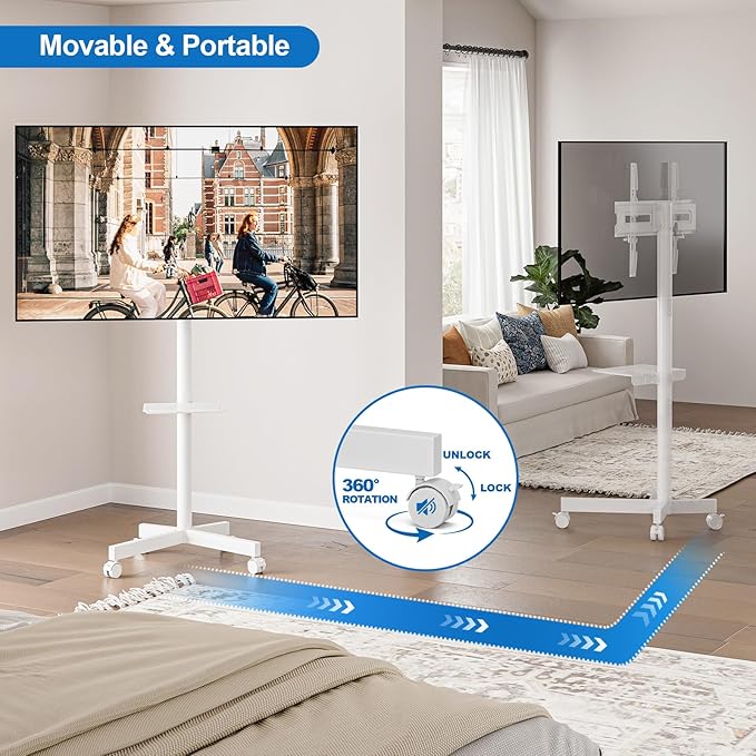 Mobile TV Stand for 23-65 Inch LCD LED Flat/Curved Panel Screen TVs, Height Adjustable Rolling TV Stand with Tilt Mount and Shelf, Portable Stand Holds up to 110 lbs, Max VESA 400x400mm, White
