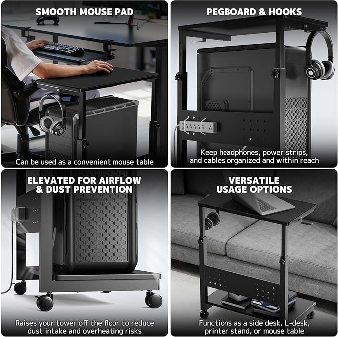 PUTORSEN Computer Tower Stand Cart - 2-Tier CPU Cart with 4 Casters, Rolling Holder with Pegboard & 2 Hooks, Height Adjustable from 19 1/8" to 31 11/16", for Office Home Gaming