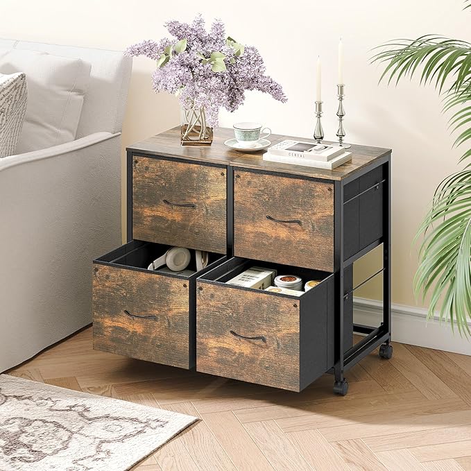 VINGLI 4 Drawer Mobile File Cabinet with Wheels Filing Cabinet Under Desk File Cabinet, Fabric Drawers Printer Stand for Home Office, Fits Letter Size, Rustic Brown