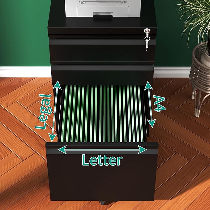 3 Drawer File Cabinet, Vertical File Cabinets with Lock for Home Office,Heavy Duty Office Steel Filing Cabinet for Hanging Letters/Legal/A4, Assembly Required (Black)