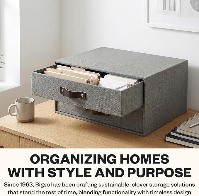 Bigso Birger 2-Drawer Canvas Fiberboard Easy Pull Handle Document Letter Box | Desktop Drawers for Loose Papers and Documents | Desktop Storage Drawers with Leather Handles | 13.1” x 10” x 5.7” | Grey