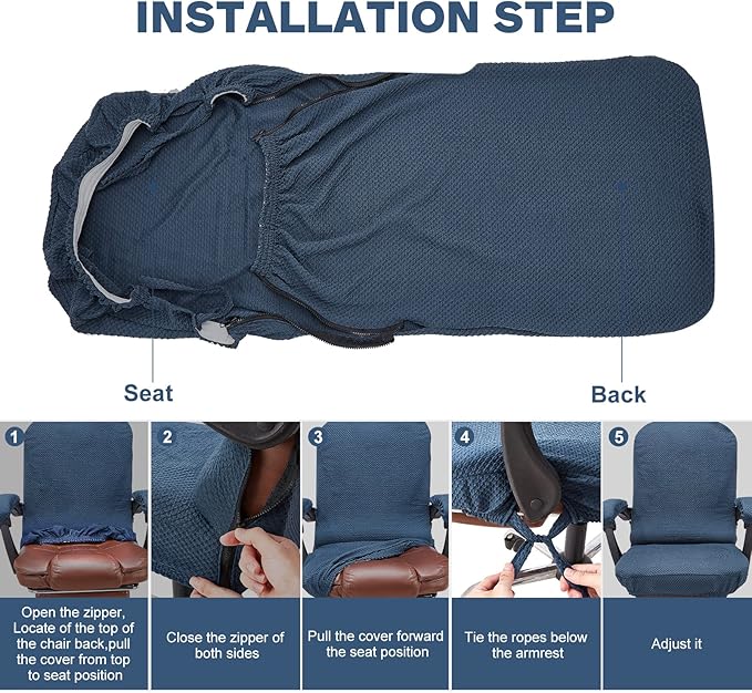 NeColorLife Stretchable Office Chair Cover with Armrest Covers - Thick Checked Jacquard High Back Desk Chair Slipcover for Rotating Chairs (Large Size,Navy Blue)