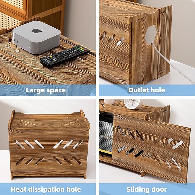 Solid Wood Projector Shelf Router Shelf Projector Stand Router Storage Box Router Cover Organized Modem Cable Power Strip Cable Management Hider Rack by Need Assembly (Rustic Brown)