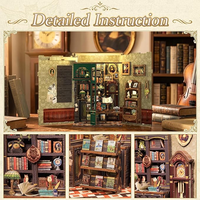 Fsolis Book Nook Kit, Booknook 3D Wooden Puzzles for Adults DIY Bookshop Model Diorama Bookshelf Miniature Kit Mini House Building, Gifts for Book Lovers Readers Book Worms(OWL Bookstore)