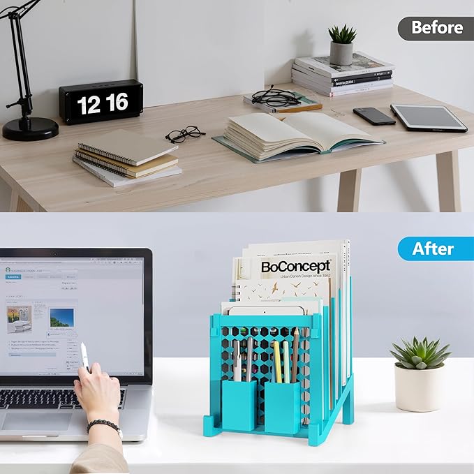 File Organizer for Desk with Storage Box & Hook, Inclined Desk File Organizer with 5-Section Vertical File Holder Suitable for Home Office Document Organization (Light Blue)