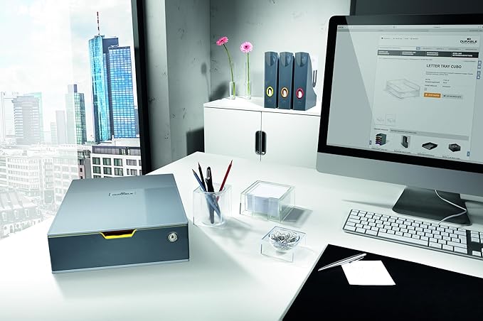Durable Varicolor Lockable Drawer Unit - Gray Desktop Drawer Set with 1 XL Color Coded Draw - Draw is Lockable to Support GDPR - Perfect for Storing Documents and Paper Work