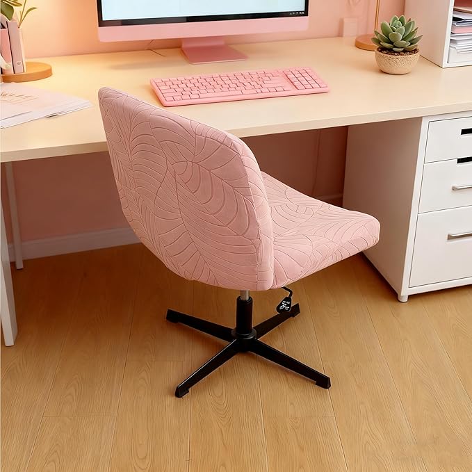 Criss Cross Desk Chair Cover Pink Jacquard Leaf Stretch Armless Vanity Chair Slipcover 1 Piece Water-Resistant Washable